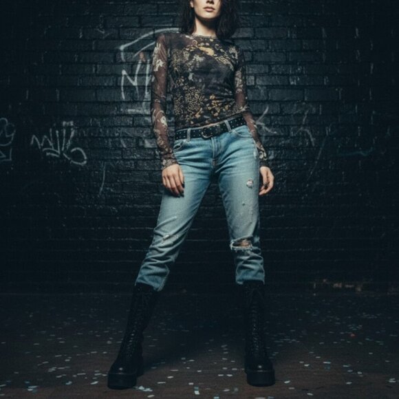 Fuzzi Jean Paul Gaultier Patchwork Mesh Top Long Sleeve Y2K Indie Sleaze Size XS - Picture 2 of 10